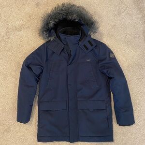 American Eagle Navy Blue Parka w Gray Grey Fur Hood Sherpa Lined Men’s AE Sm Med